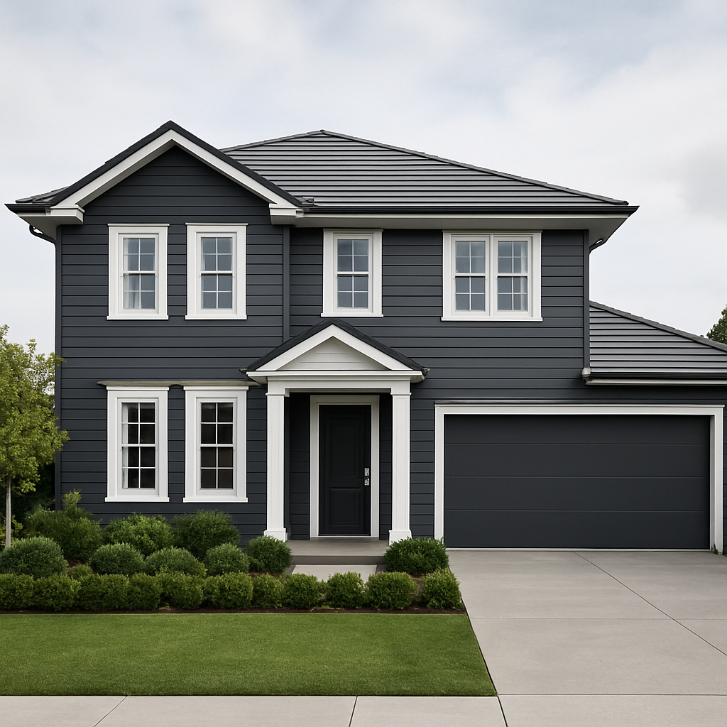Freshly painted elegant home exterior — charcoal-grey cladding with crisp white trims
