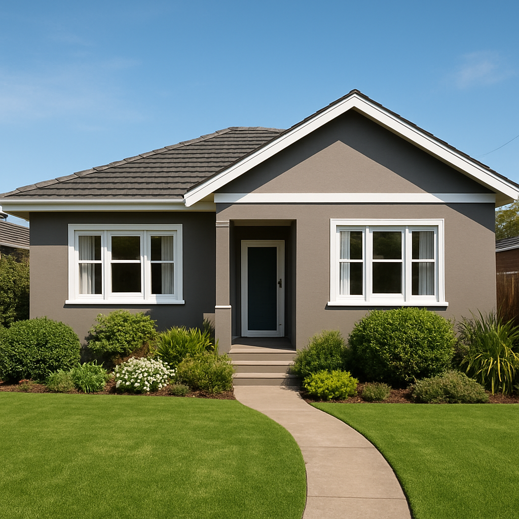 Freshly painted Australian suburban home exterior — warm grey with white trims