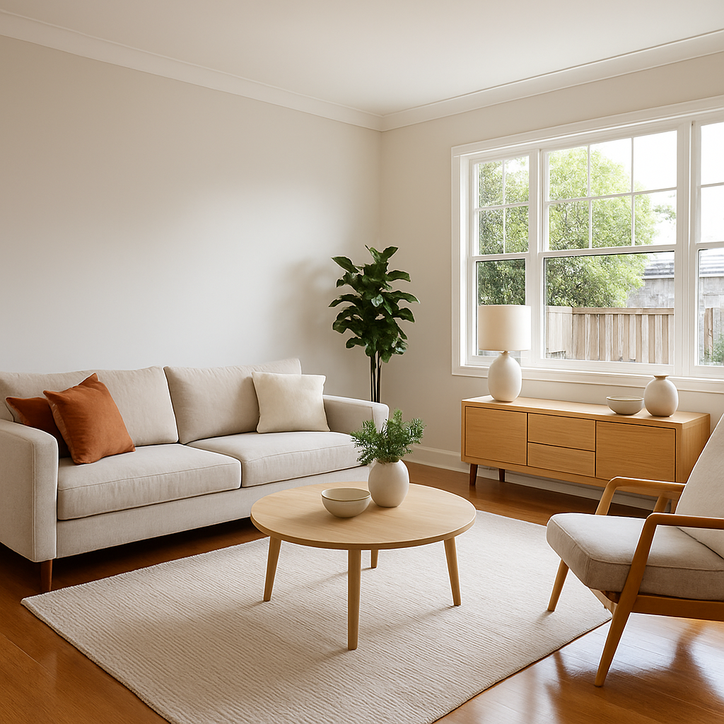 Bright modern living room with freshly painted smooth off-white walls