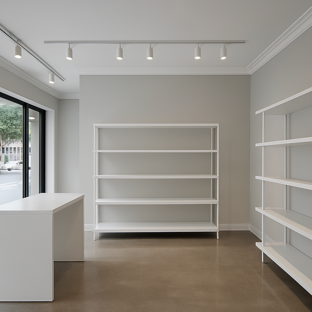 Modern retail boutique interior with freshly painted light grey feature wall