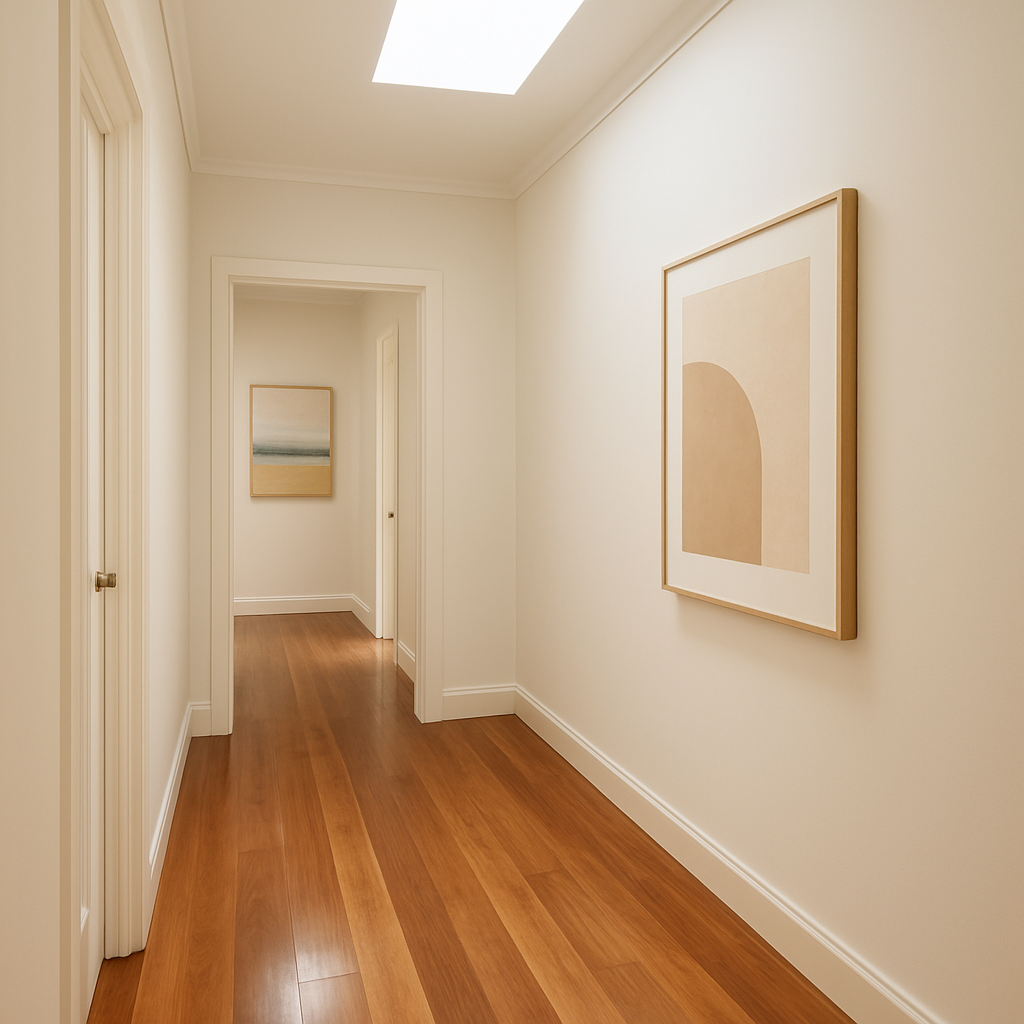 Elegantly painted residential hallway with warm white walls and polished timber floors